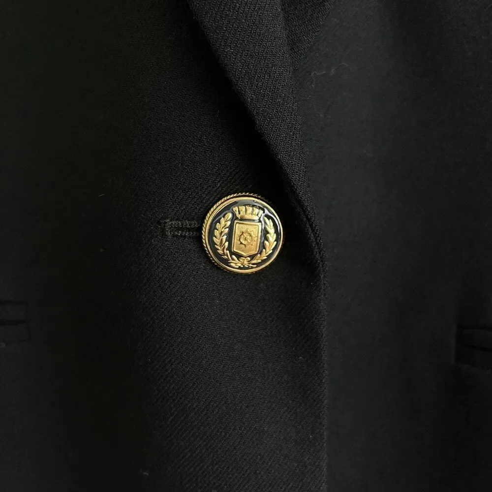 J Crew Wool Blazer Size 6 Black Gold Crest Buttons Striped Lining Preppy Office